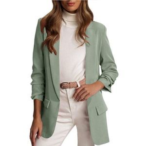 Women's Blazer Open Front Ruched 3/4 Sleeve Green